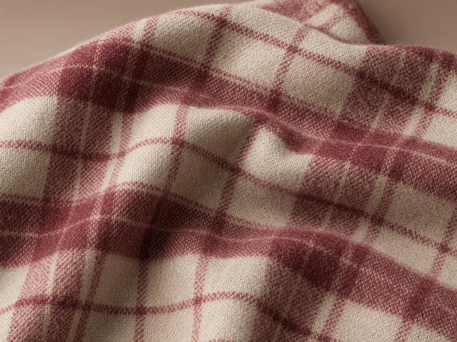 Brushed flannel with raised nap and a muted burgundy plaid