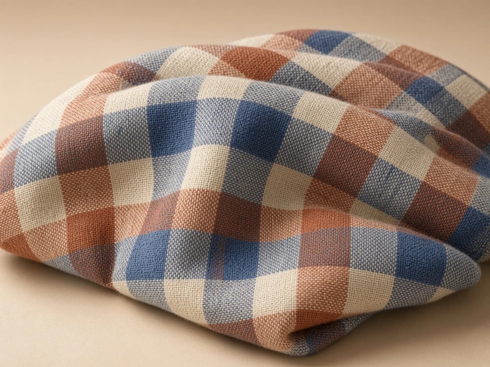 Woven check fabric with intersecting cobalt, cream and rust bands