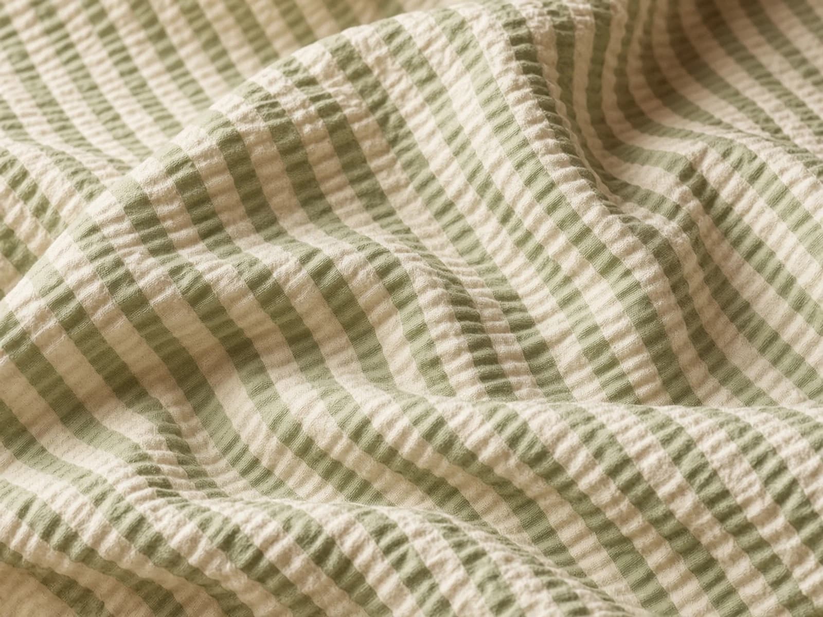 Puckered cotton seersucker fabric in pale blue stripes