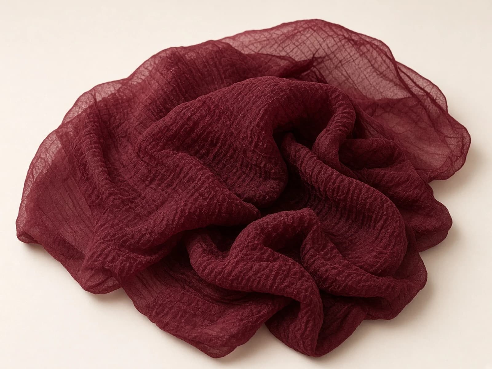 Burgundy crinkle chiffon with a permanent puckered texture