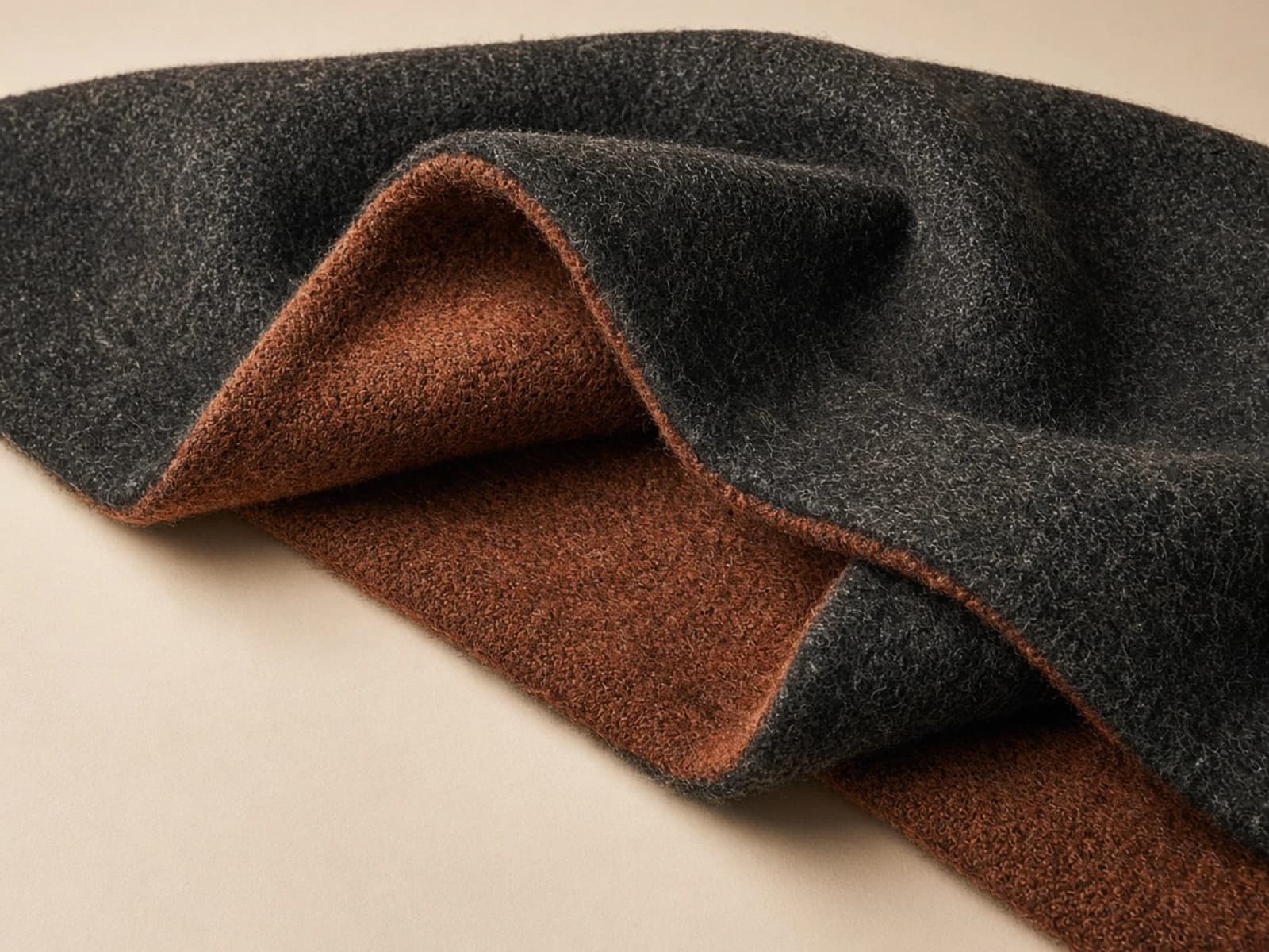 Double-face wool with contrasting charcoal and rust reversible faces