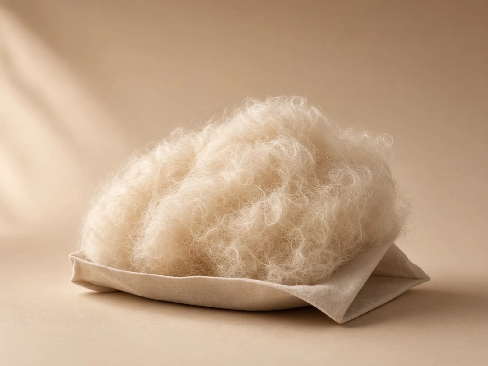 Down-alternative fill showing soft lofted synthetic staple fibers