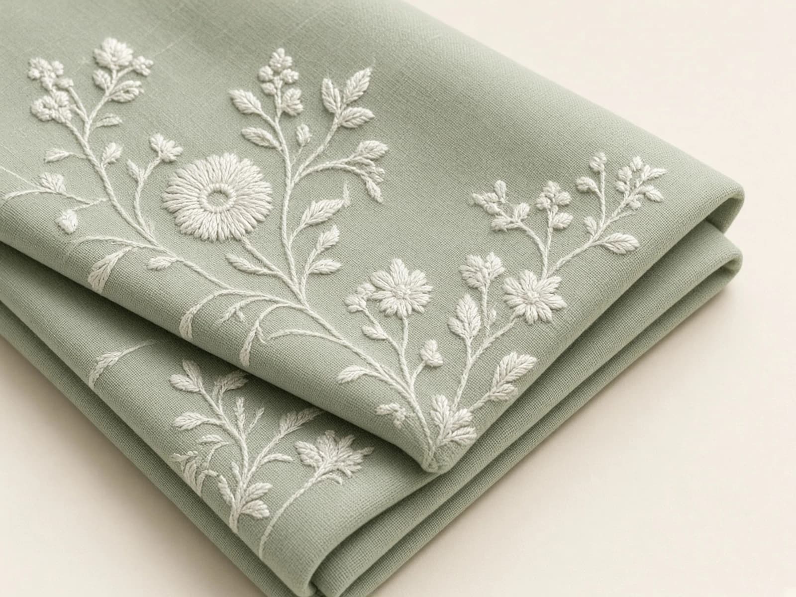 Sage cotton lawn with raised white floral embroidery
