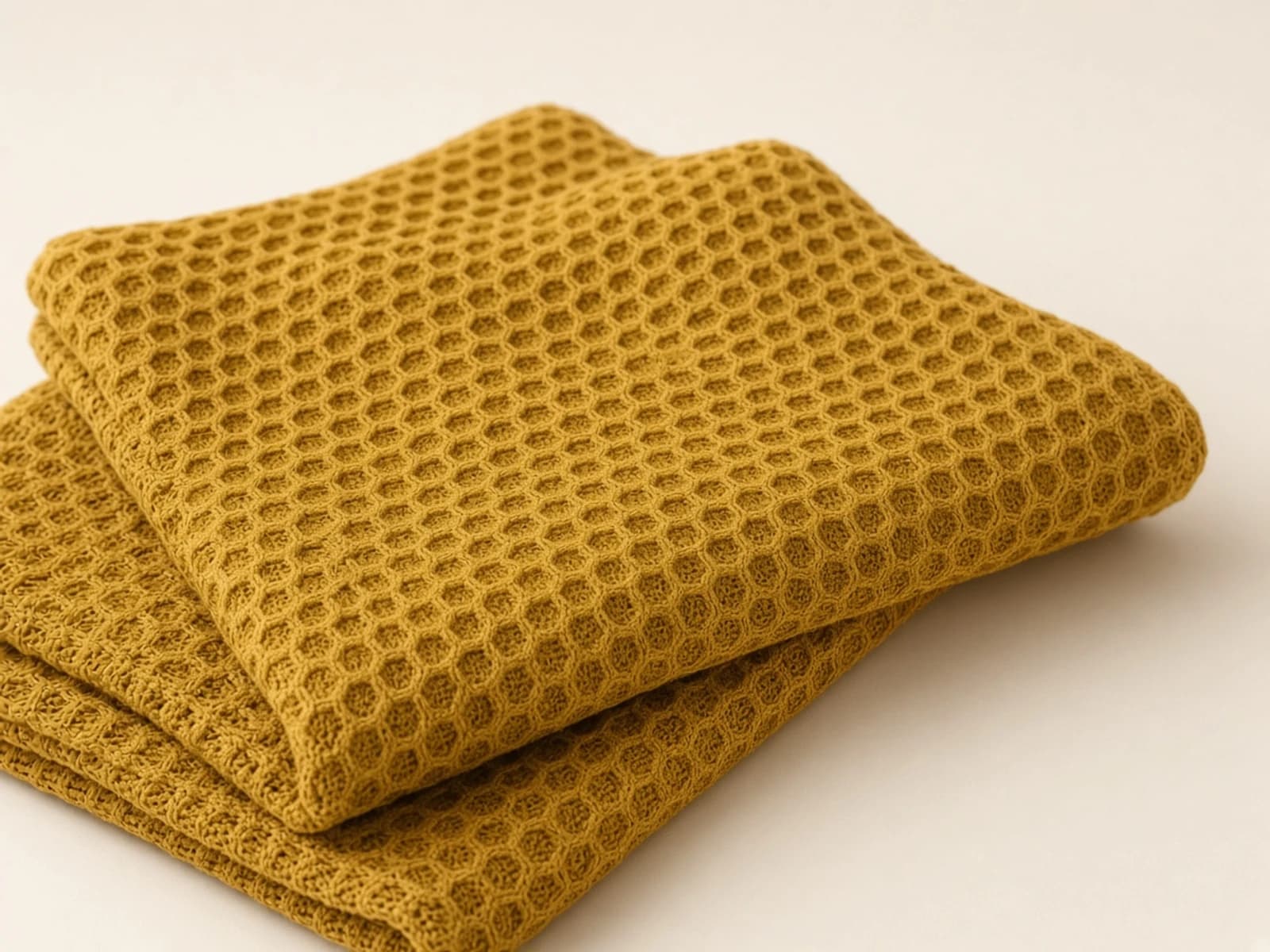 Mustard honeycomb cotton piqué with open geometric relief
