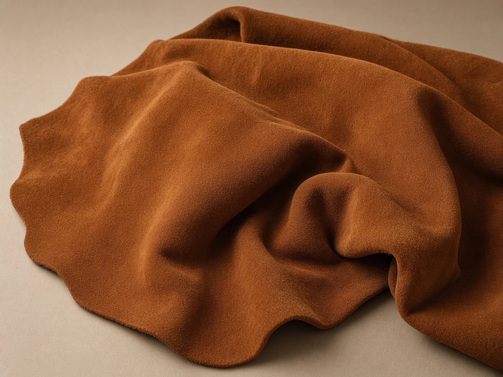 Real suede hide with a soft natural nap and supple weighty folds