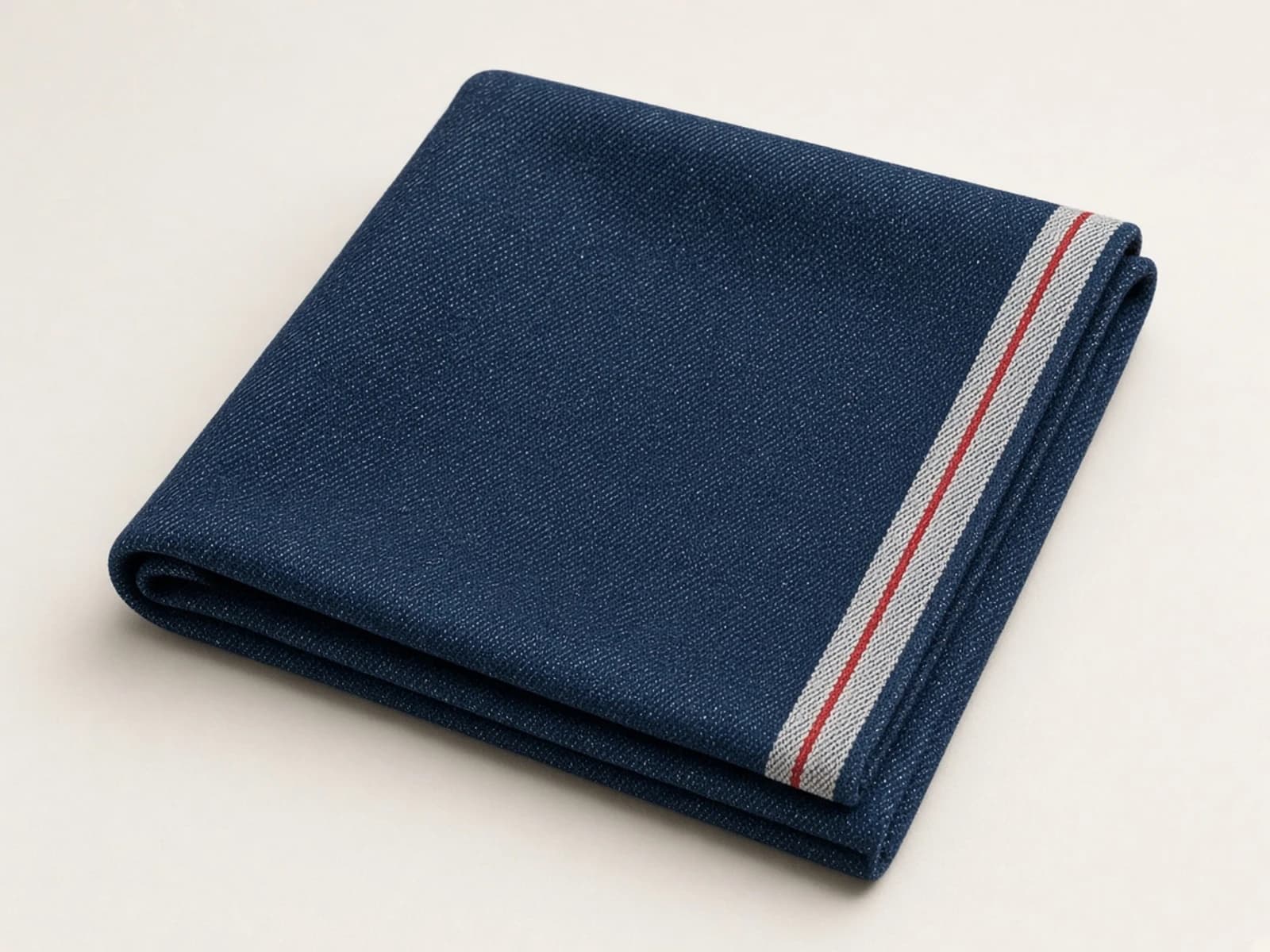 Raw indigo selvedge rigid denim with a red-and-white edge
